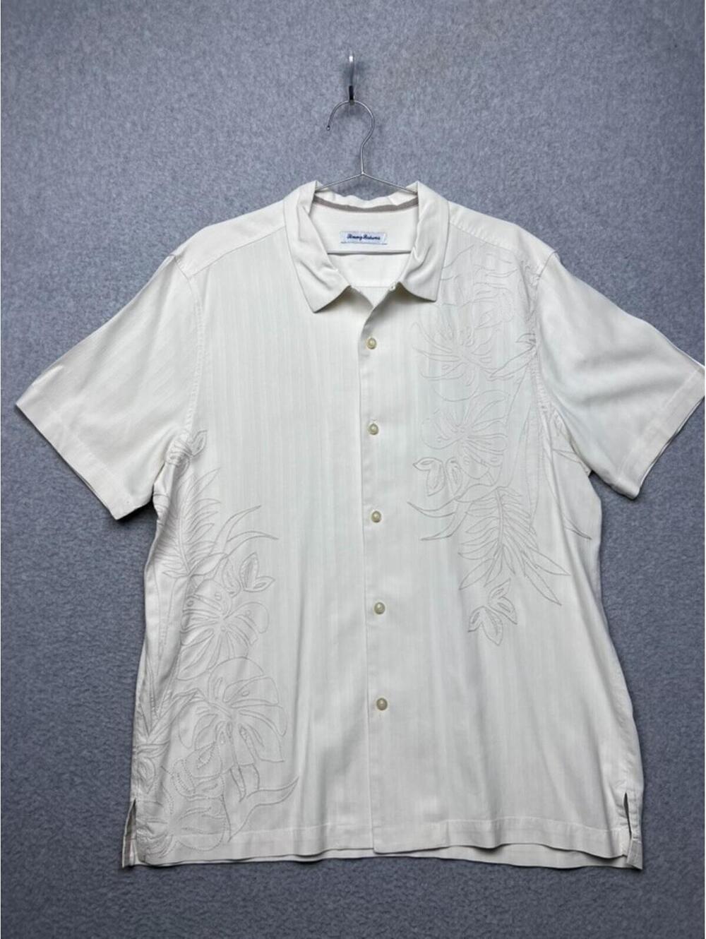 Tommy Bahama Shirt XL Ivory 100% Silk Embroidered Panel Tropical Hibiscus Camp
